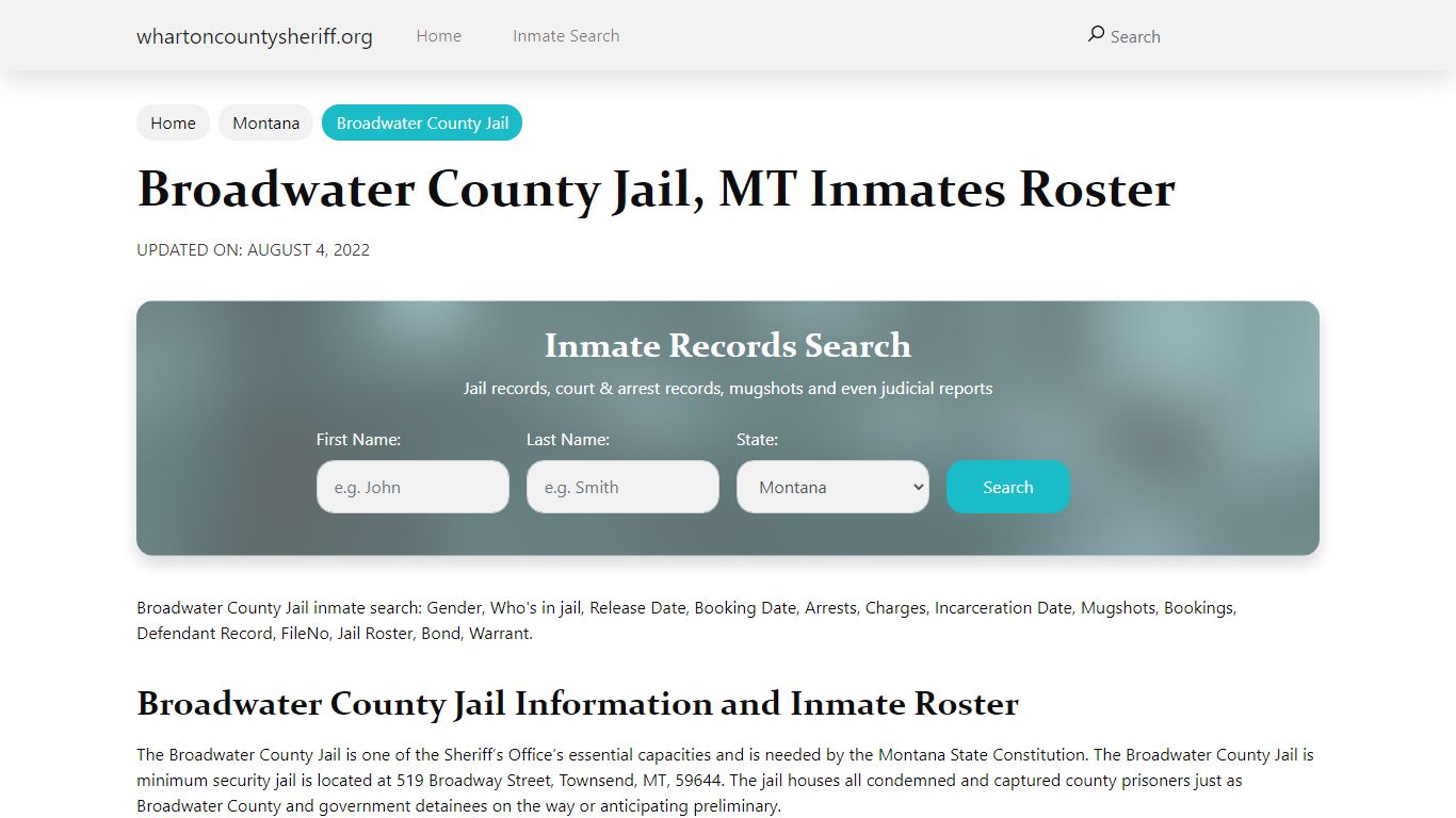 Broadwater County Jail, MT Jail Roster, Name Search